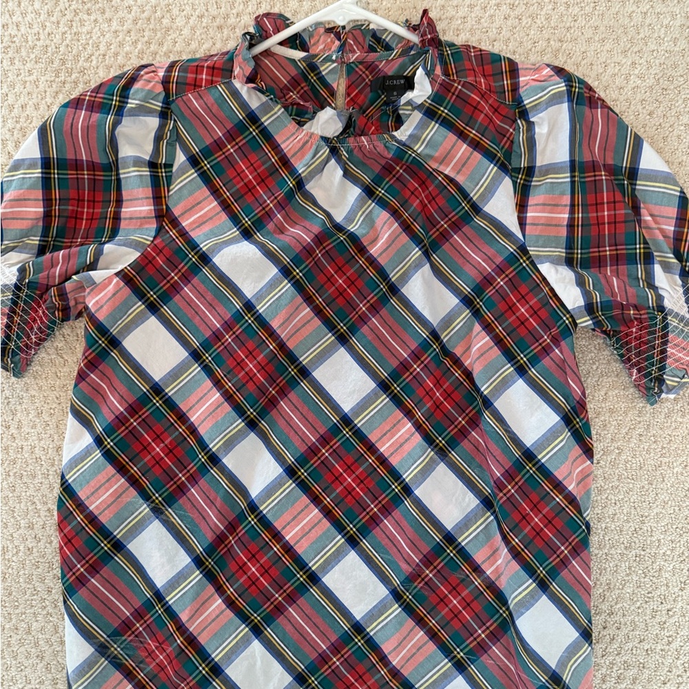 J. Crew Pink and Red Plaid Short-Sleeve Ruffle Neck Top